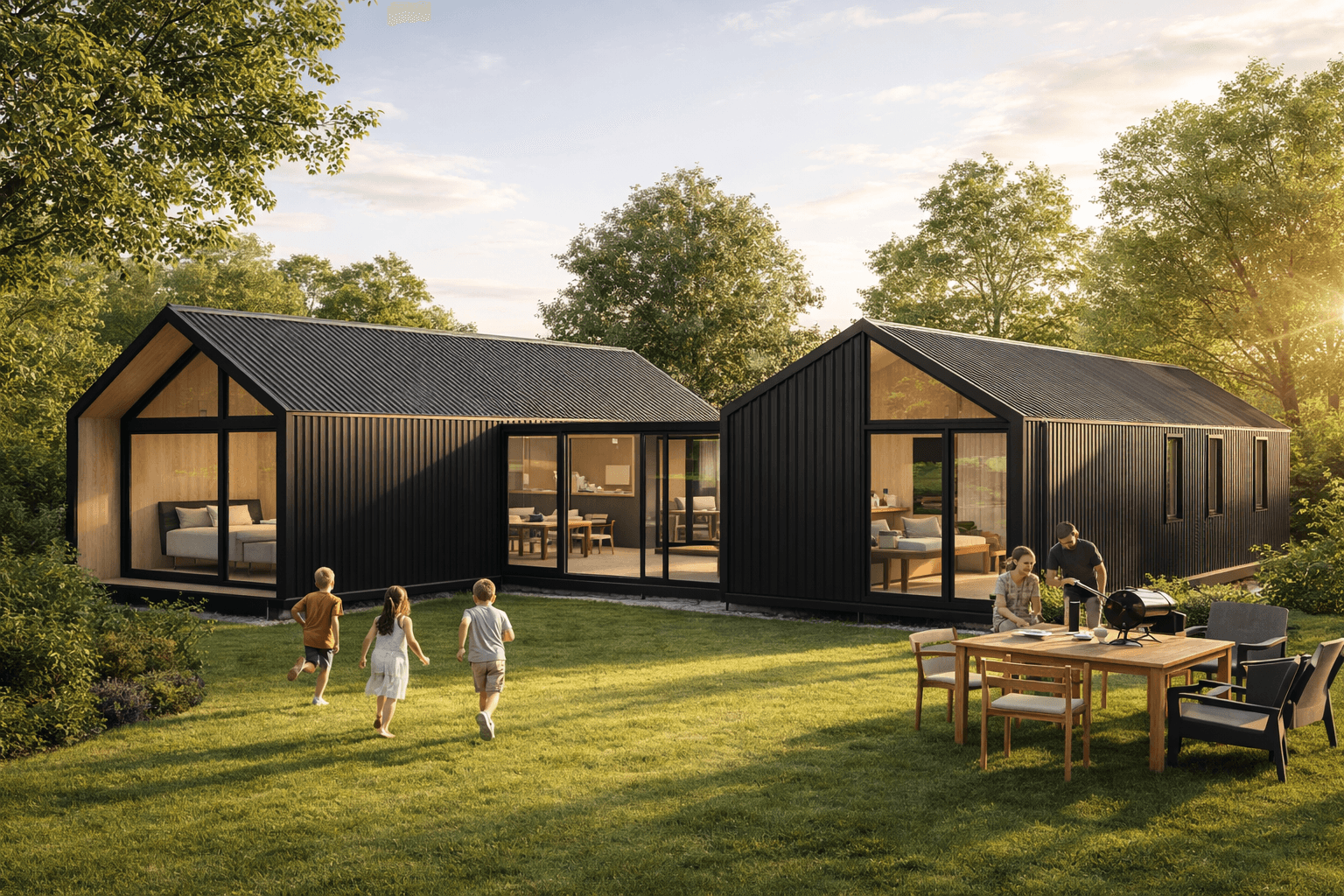 Familia disfrutando de una vivienda modular MATTSAY al atardecer